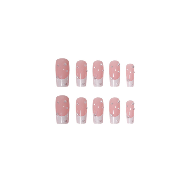 Wearing long square headed French nail patches, pearl nail patches, Nails fake nail patches