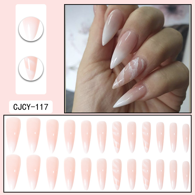 White gradient marble pattern ultra long water droplet pointed nail plate wearable false nail