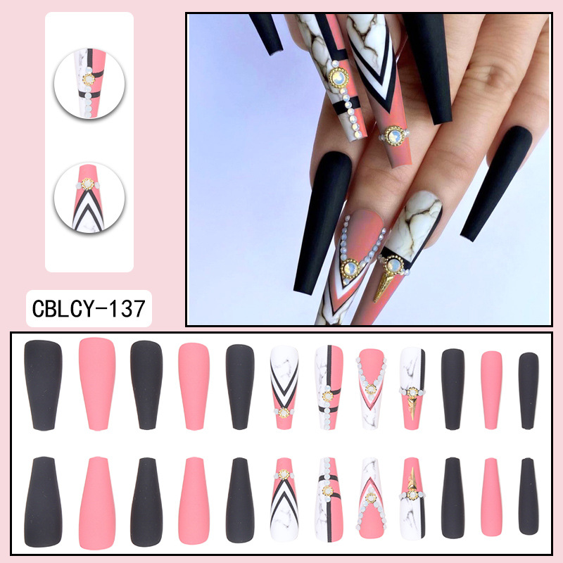 European and American fake nails marble patterns color matching diamonds  long ballet nails wearing nail art pieces wholesale nail