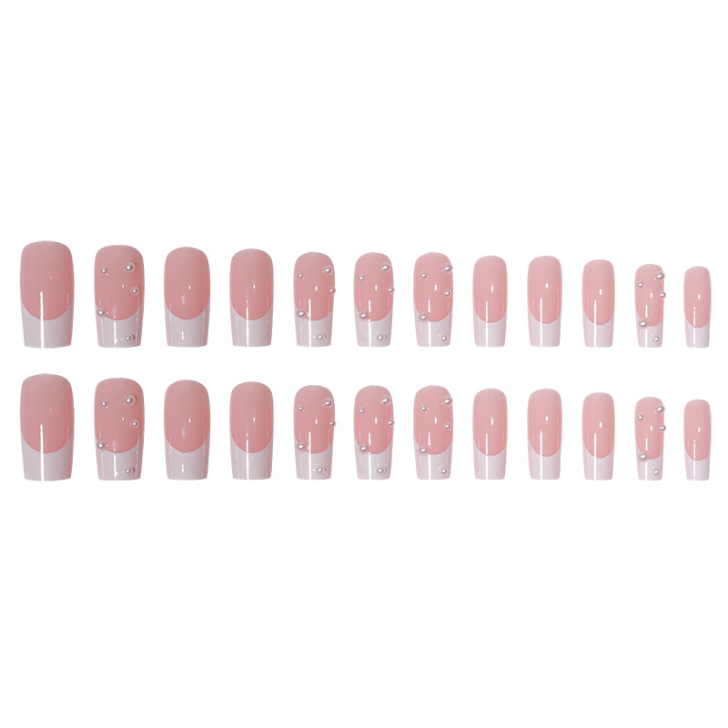 Wearing long square headed French nail patches, pearl nail patches, Nails fake nail patches