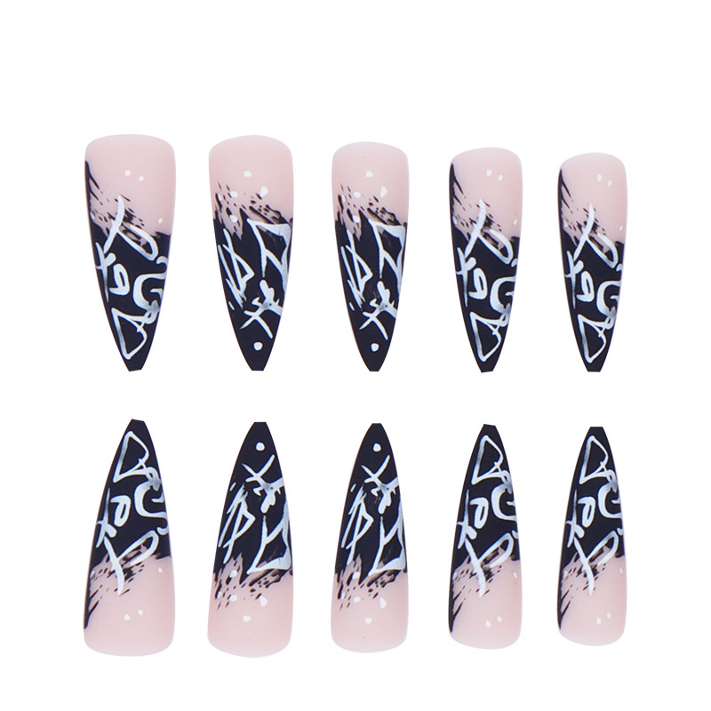 Long pointed black and white graffiti girl retro style gradient wearable and detachable manicure patches