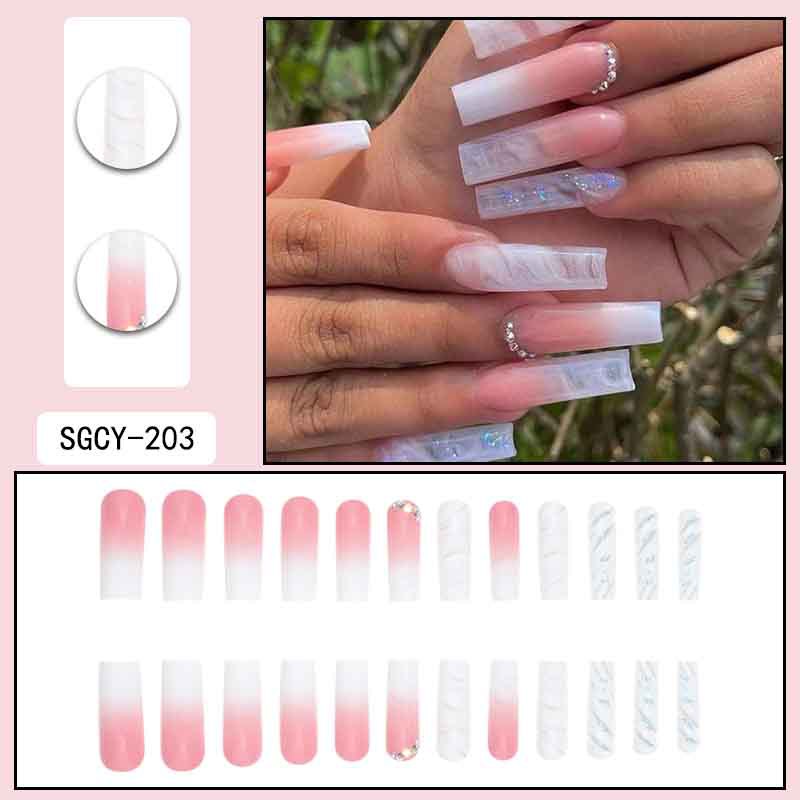 Water Pipe Wearing Nail French Gradual Transparent Broken Diamond Halo Dye Wearing Nail Enhancement Nail Sheet False Nail