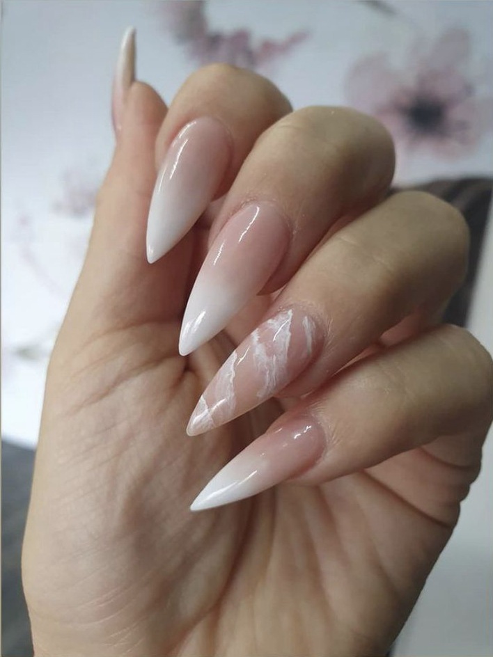 White gradient marble pattern ultra long water droplet pointed nail plate wearable false nail