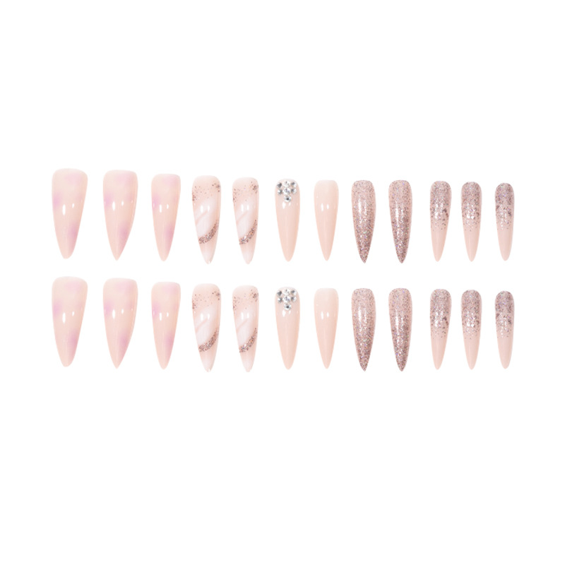 Long pointed nail with matte marble pattern and sparkling pink dot diamond nail art