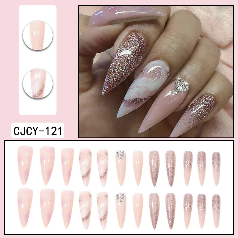 Long pointed nail with matte marble pattern and sparkling pink dot diamond nail art