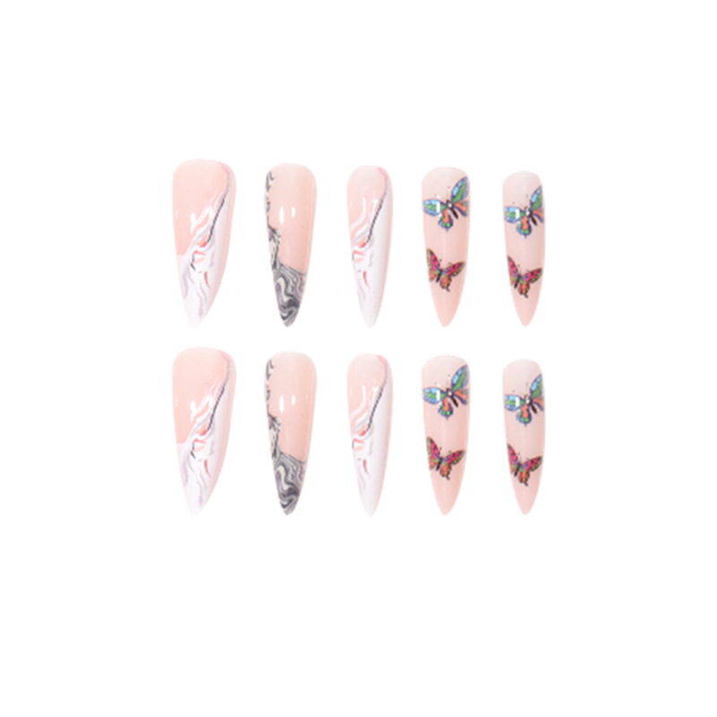 Long pointed armor, butterfly halo dyeing, gradient graffiti, wearing nail, European and American nail patches wearing nail patches