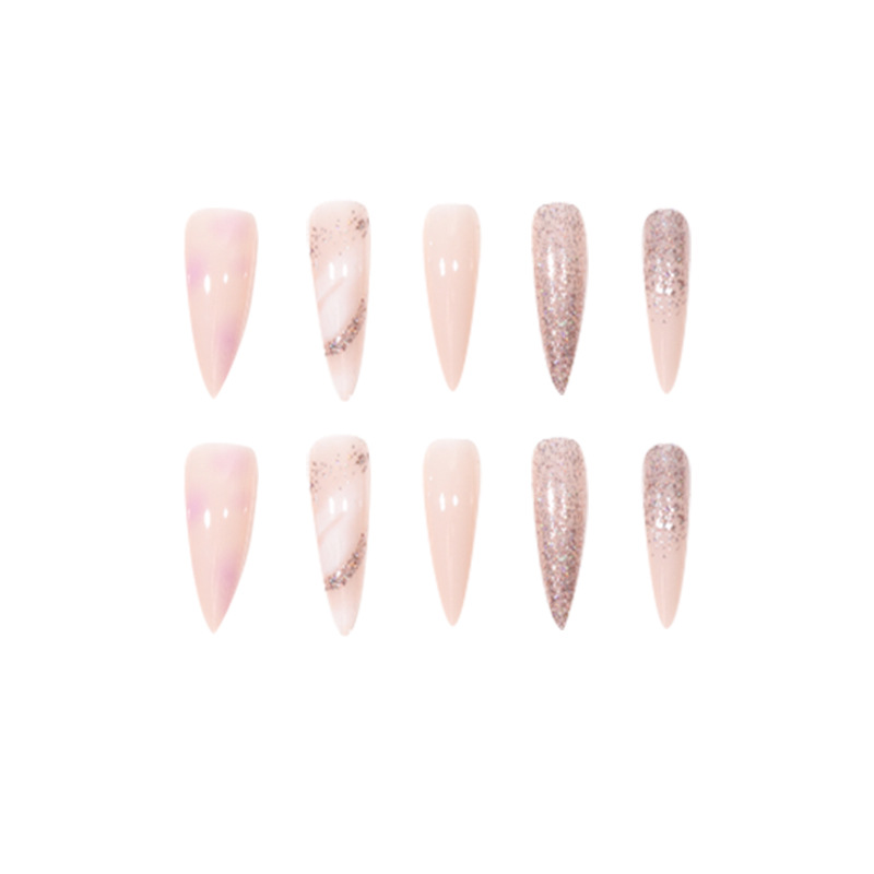 Long pointed nail with matte marble pattern and sparkling pink dot diamond nail art