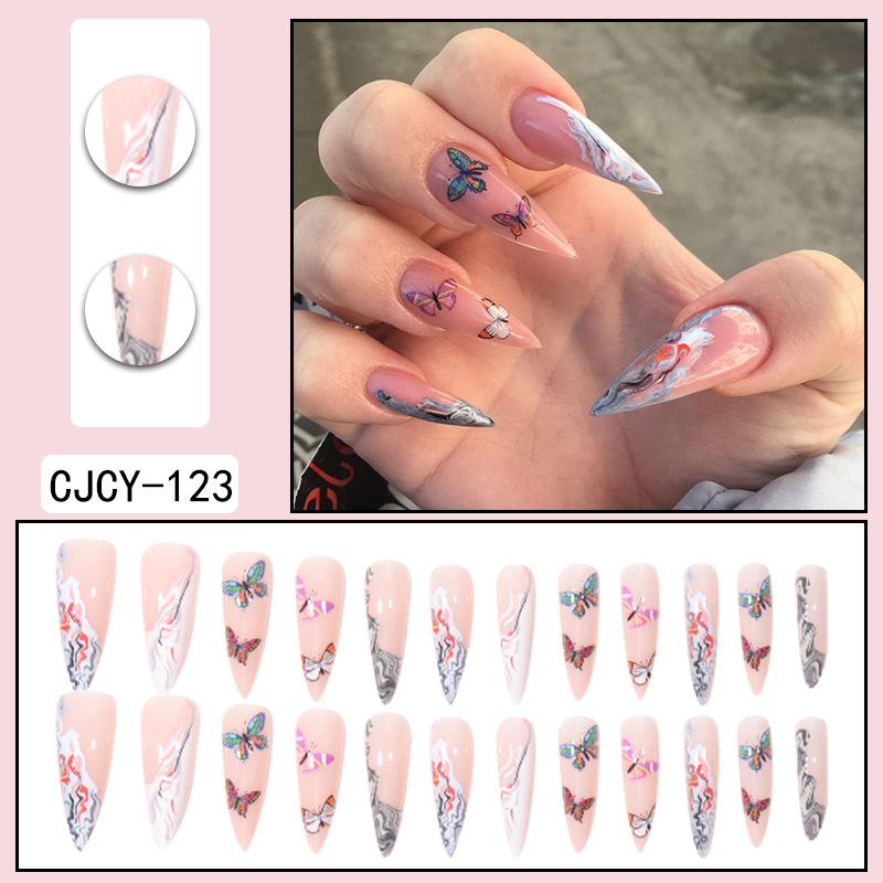 Long pointed armor, butterfly halo dyeing, gradient graffiti, wearing nail, European and American nail patches wearing nail patches