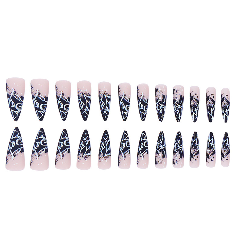 Long pointed black and white graffiti girl retro style gradient wearable and detachable manicure patches