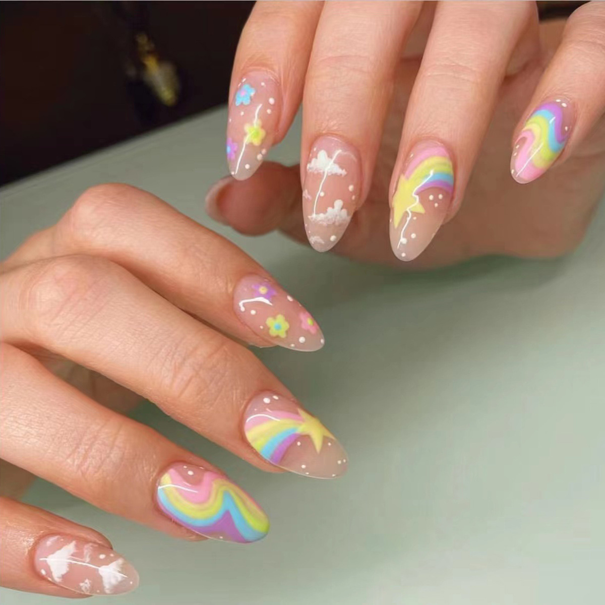 Wearing nail patches press on nails Macaron color rainbow star white cloud wearable nail patches