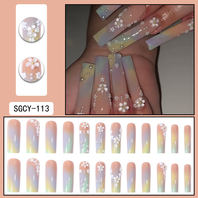 Long style halo dyed gradient white small flower pearl diamond embellishments with nail patches for wearing European and American press on nails