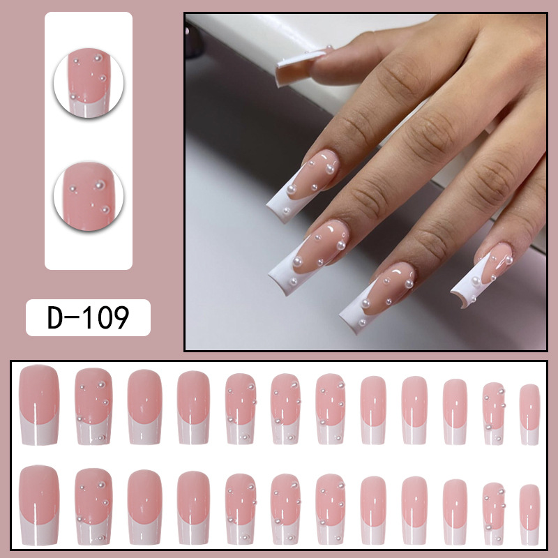 Wearing long square headed French nail patches, pearl nail patches, Nails fake nail patches