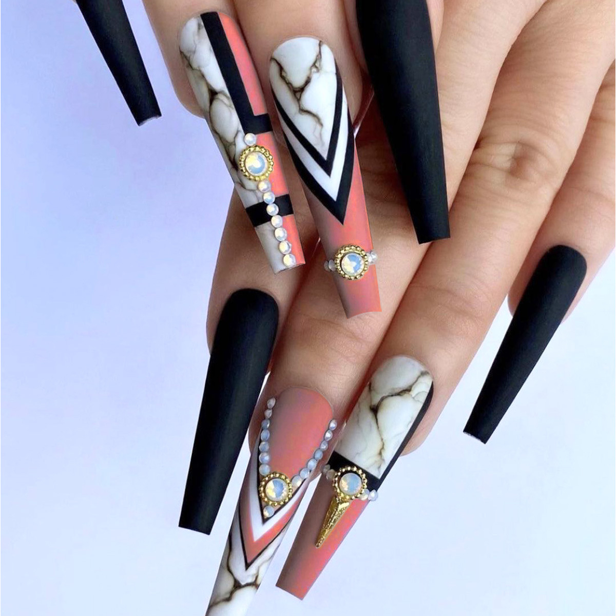 European and American fake nails marble patterns color matching diamonds  long ballet nails wearing nail art pieces wholesale nail