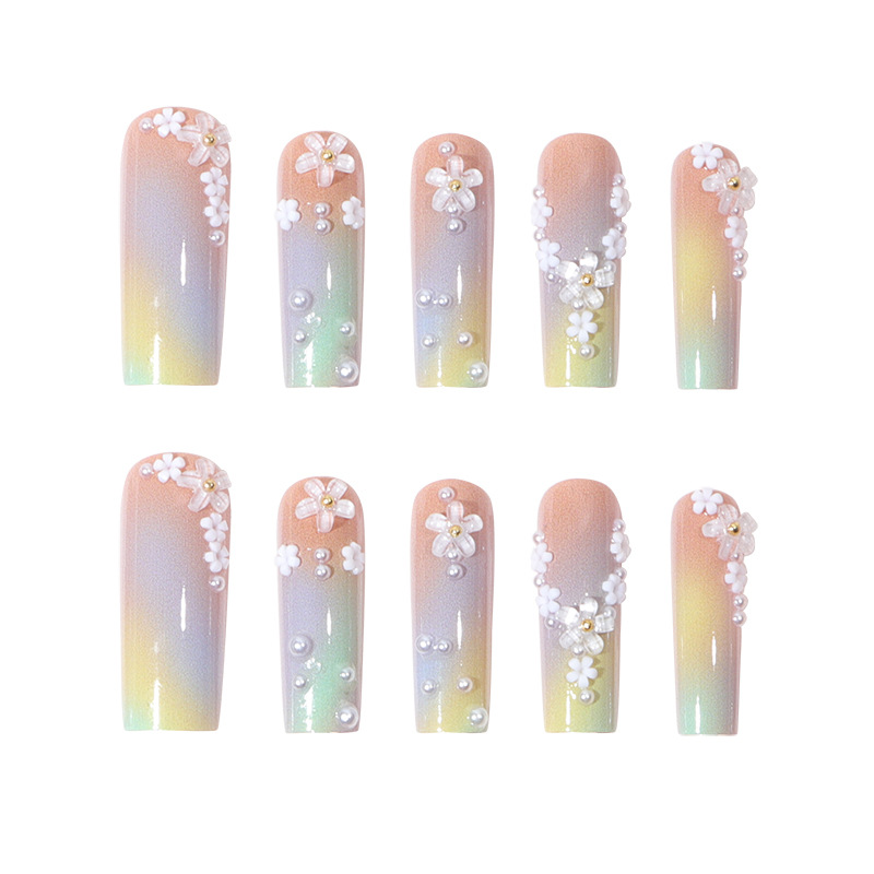 Long style halo dyed gradient white small flower pearl diamond embellishments with nail patches for wearing European and American press on nails