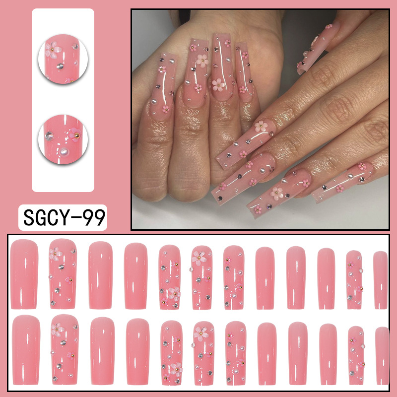 Flower Fragmented Diamond Nail Wearing Nail Product Metal Inlaid Diamond Nail Sheet Long False Nail