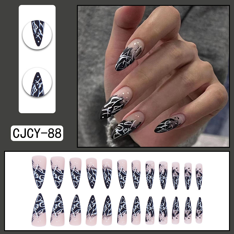 Long pointed black and white graffiti girl retro style gradient wearable and detachable manicure patches