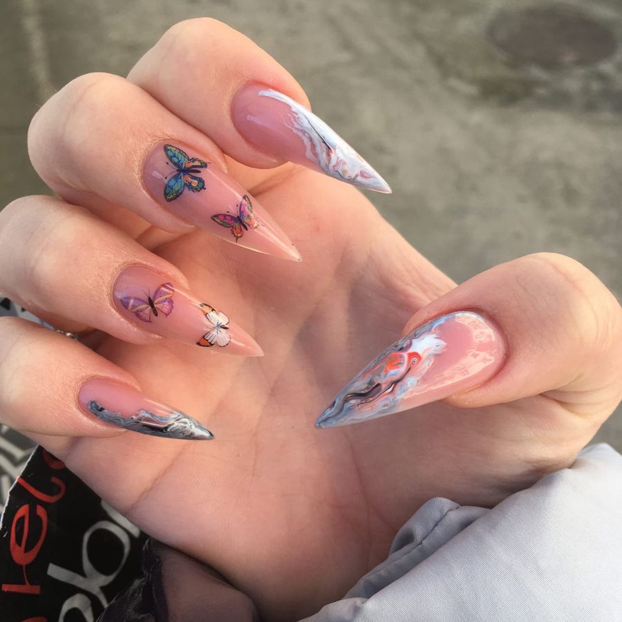 Long pointed armor, butterfly halo dyeing, gradient graffiti, wearing nail, European and American nail patches wearing nail patches