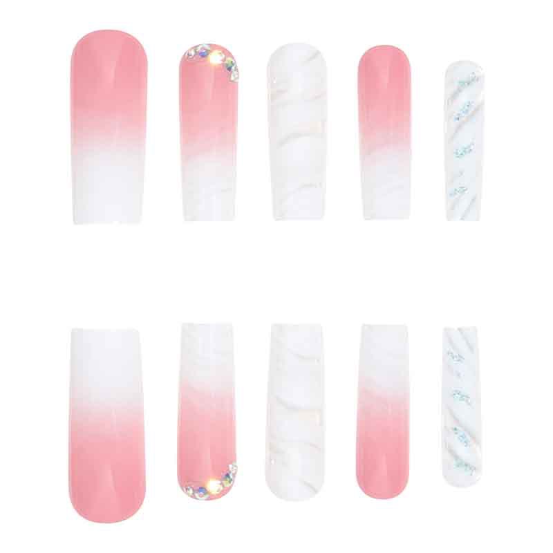 Water Pipe Wearing Nail French Gradual Transparent Broken Diamond Halo Dye Wearing Nail Enhancement Nail Sheet False Nail