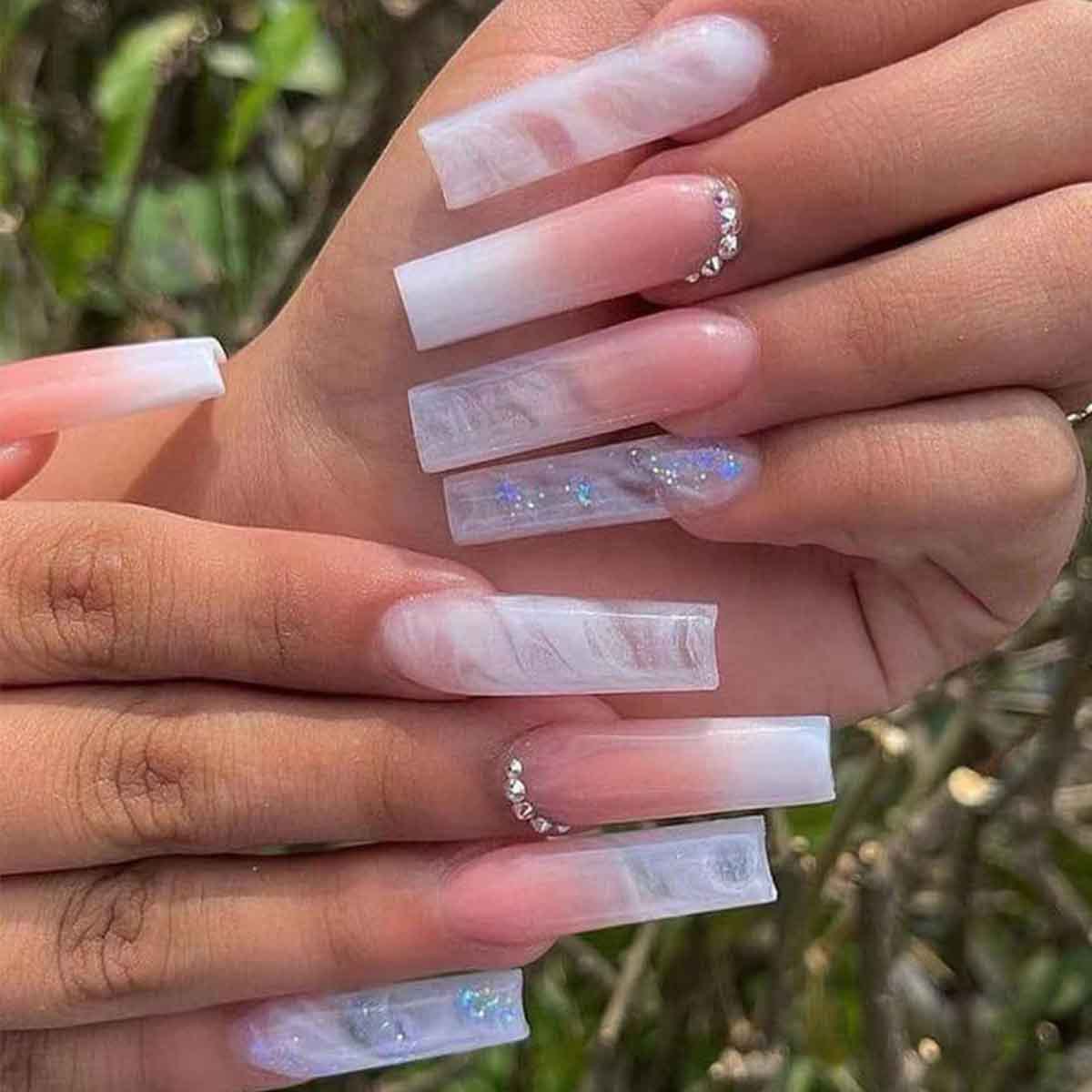 Water Pipe Wearing Nail French Gradual Transparent Broken Diamond Halo Dye Wearing Nail Enhancement Nail Sheet False Nail