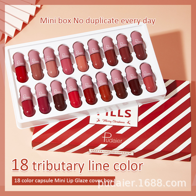 Pudaier 18 Color Mini Capsule Lip Glaze Velvet Mist Display Color Non Staying Cup Smooth Matte Popular