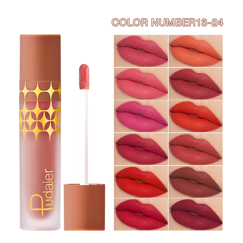 Pudaier 24 color matte pearl matte matte non stick cup lip gloss, European and American liquid lipstick lip gloss