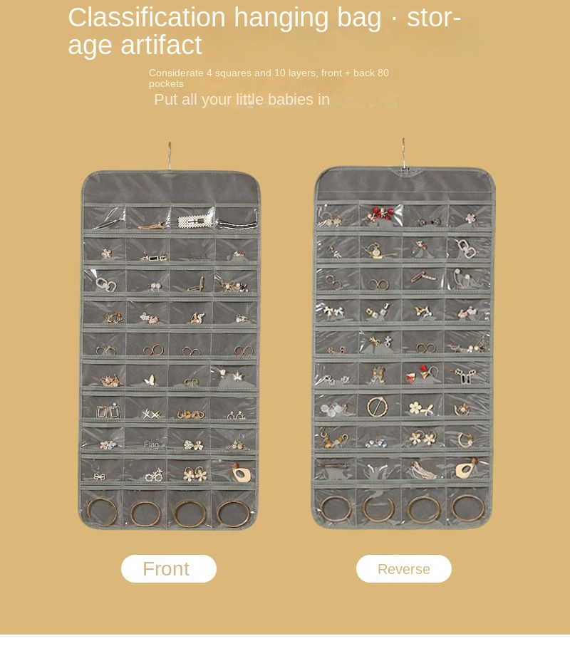 Double sided 80 grid jewelry storage bag, hanging multi grid earrings, jewelry sorting, hanging bag, small items, dustproof bag