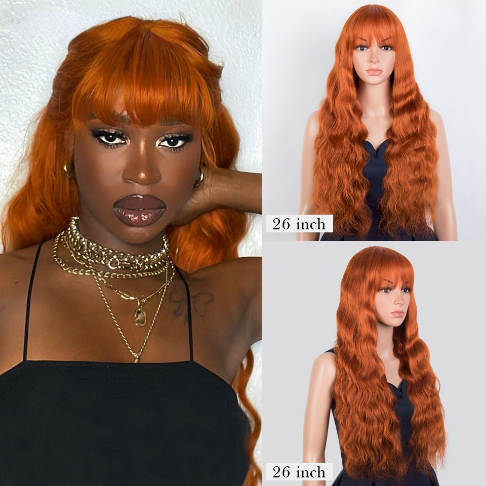 European and American popular orange bangs, big wavy long curls, full human hair full head covering, Human hair wigs