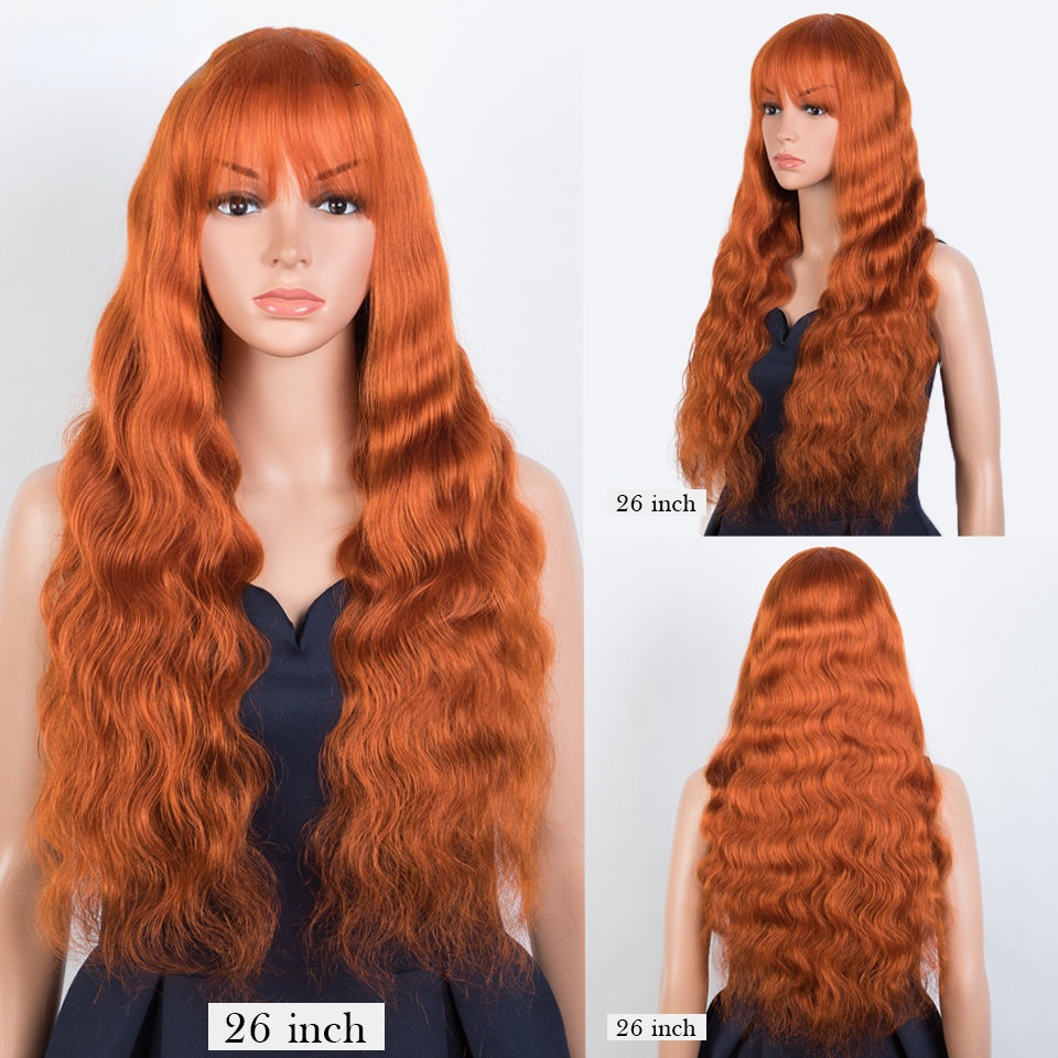 European and American popular orange bangs, big wavy long curls, full human hair full head covering, Human hair wigs