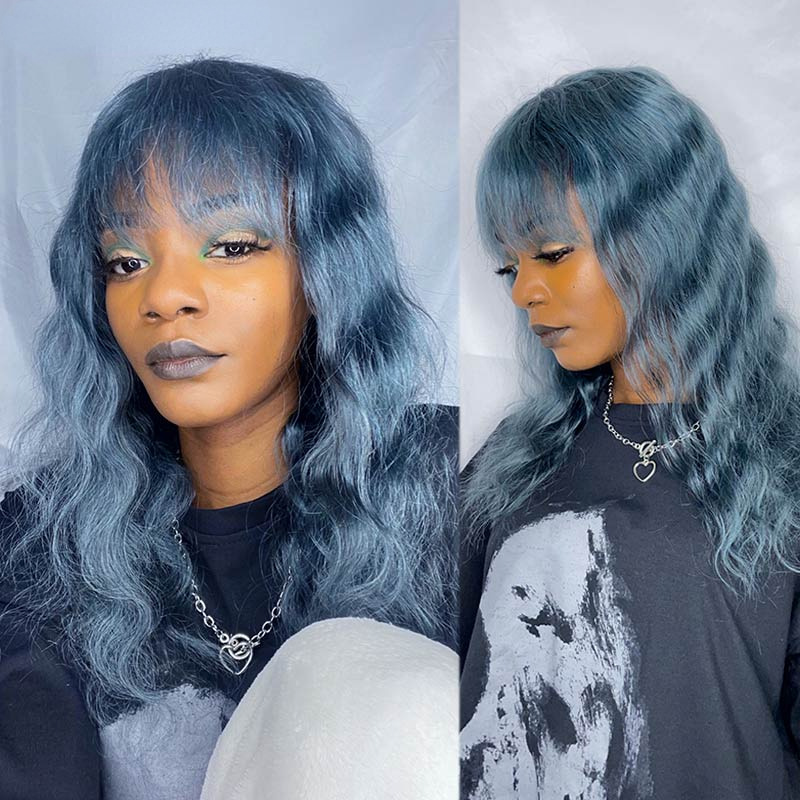 New Product Wig Female Smoke Gray Blue 12-26 Inch Long Curly Hair Cute Human Hair Full Head Covering