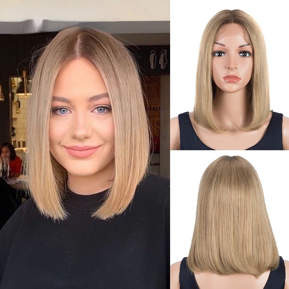 Shoulder-length short straight hair European and American wigs full real human hair hood Hman hair wigs