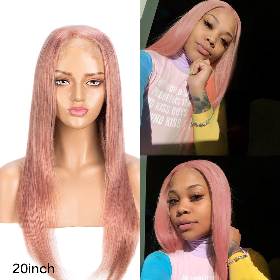 European and American wigs real hair 4*4 lace slit pink 14-28inch long straight hair wig head cover