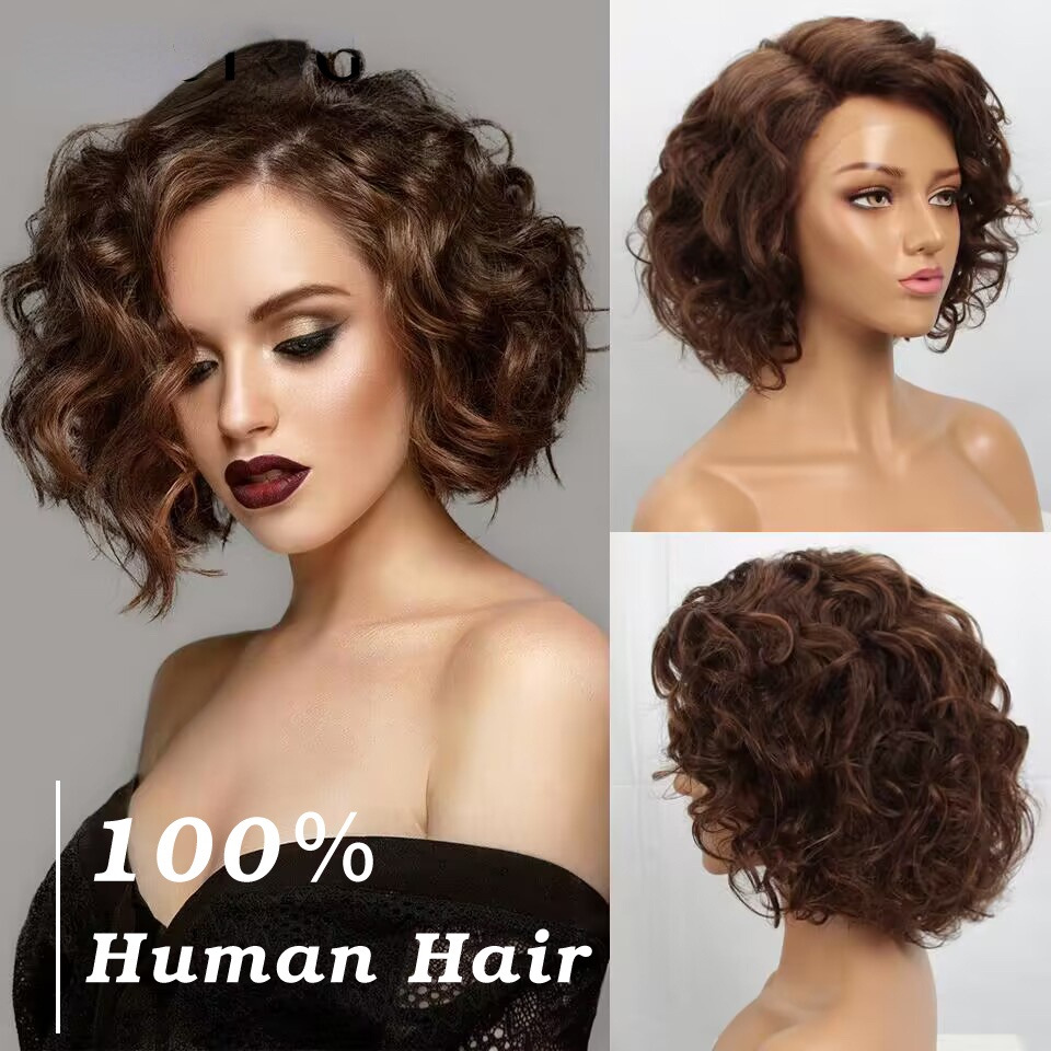 European and American Wigs Big Curly Black Wigs Fluffy Exploding Head 12 Inch Offset Front Lace Hood Human hair