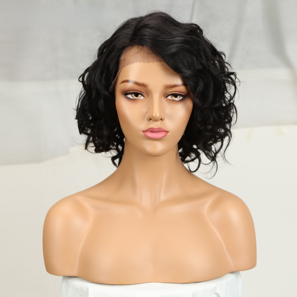 European and American Wigs Big Curly Black Wigs Fluffy Exploding Head 12 Inch Offset Front Lace Hood Human hair