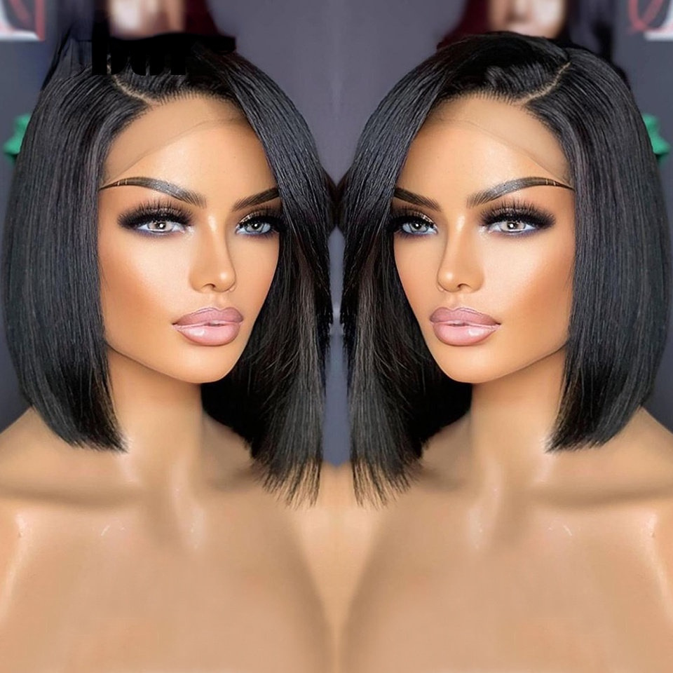 European and American wigs female partial short straight hair wig Rebecca oblique bangs wave bob fashion short hair real hair head covering