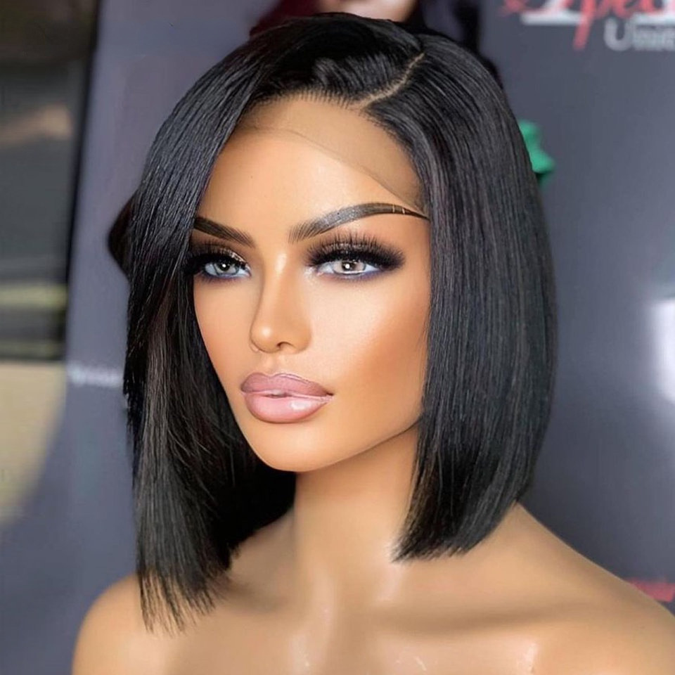 European and American wigs female partial short straight hair wig Rebecca oblique bangs wave bob fashion short hair real hair head covering