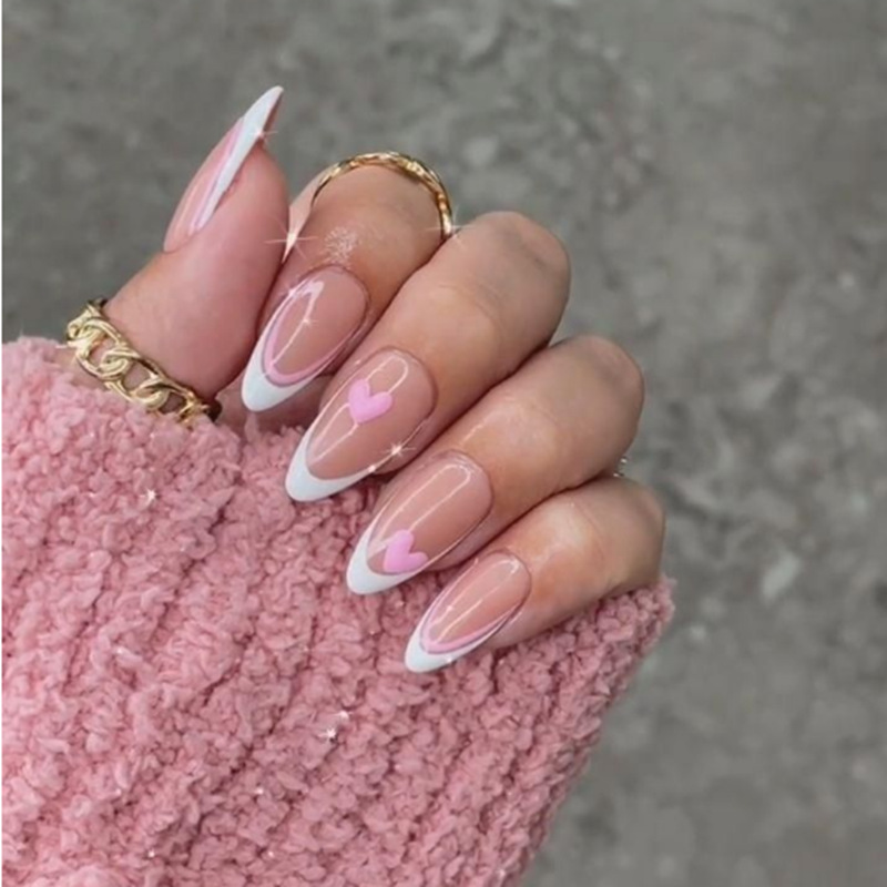 Pink Love Droplet Almond Nail, European and American French Wearing Nail, Cute Instagram Style Wearing Nail Tips