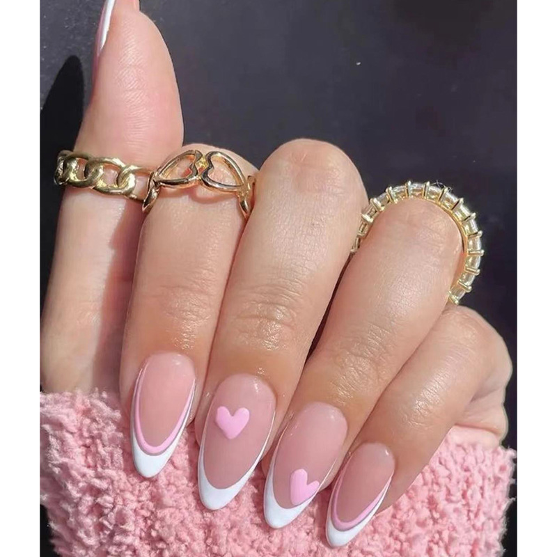 Pink Love Droplet Almond Nail, European and American French Wearing Nail, Cute Instagram Style Wearing Nail Tips
