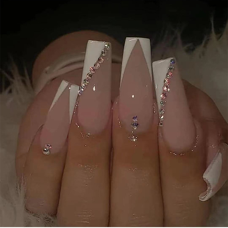 Long Ballet Diamond French Nail White V-shaped French Nail Patch
