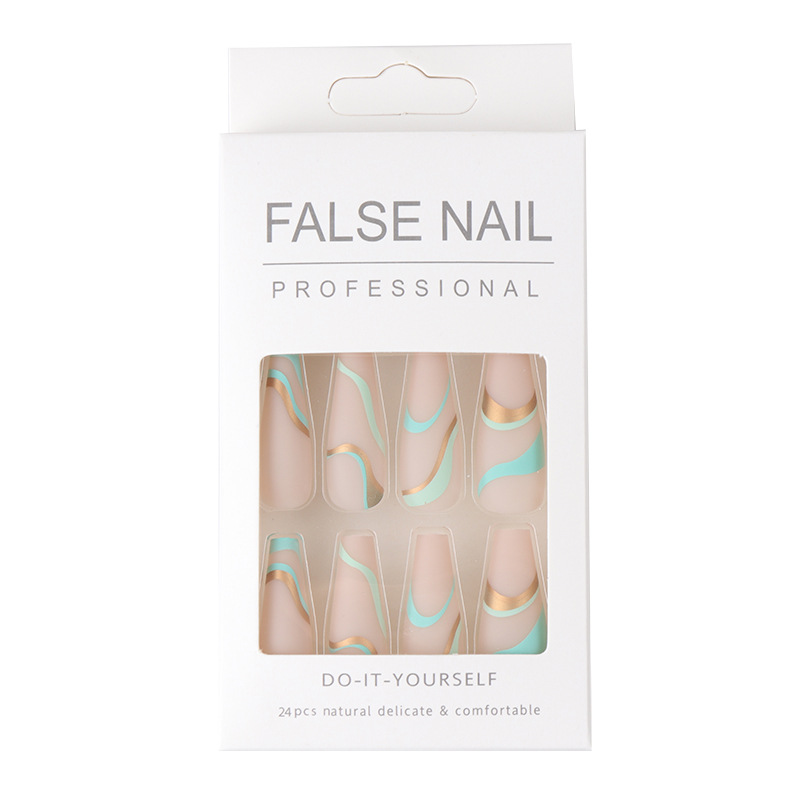 Gold Line Wave Pattern Long Ballet Nail Print Gold Matte Nail Design