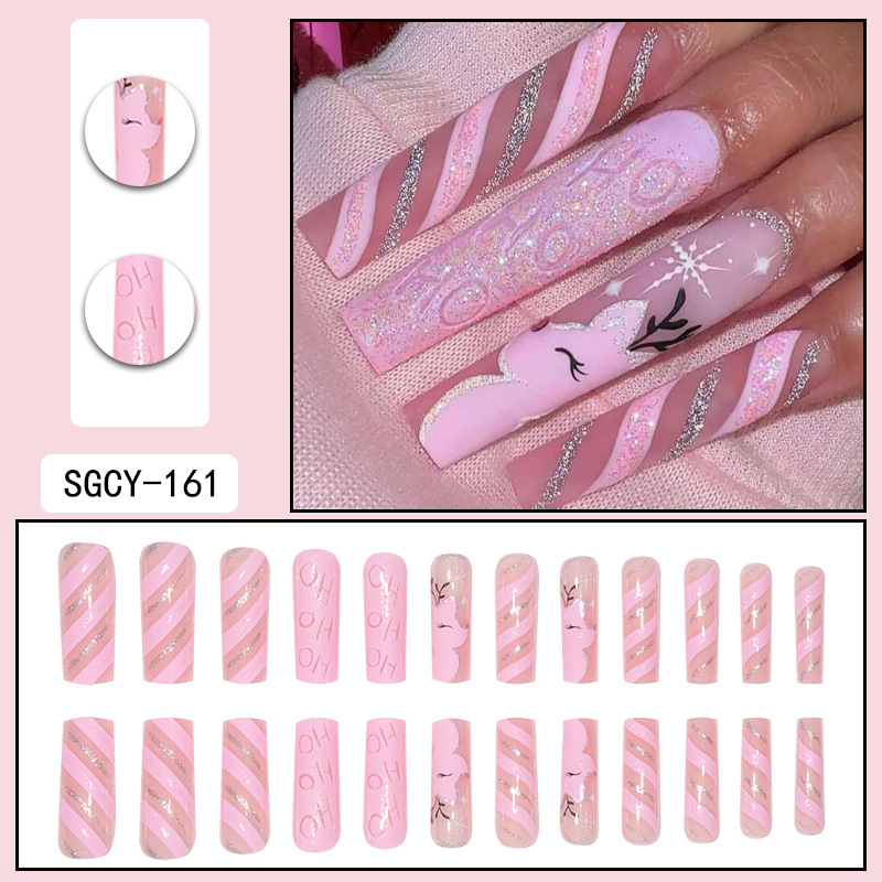 Extended water pipe nail plate, elk snowflake, glittering pink line, nail patch, fake nail plate, holiday wearing armor