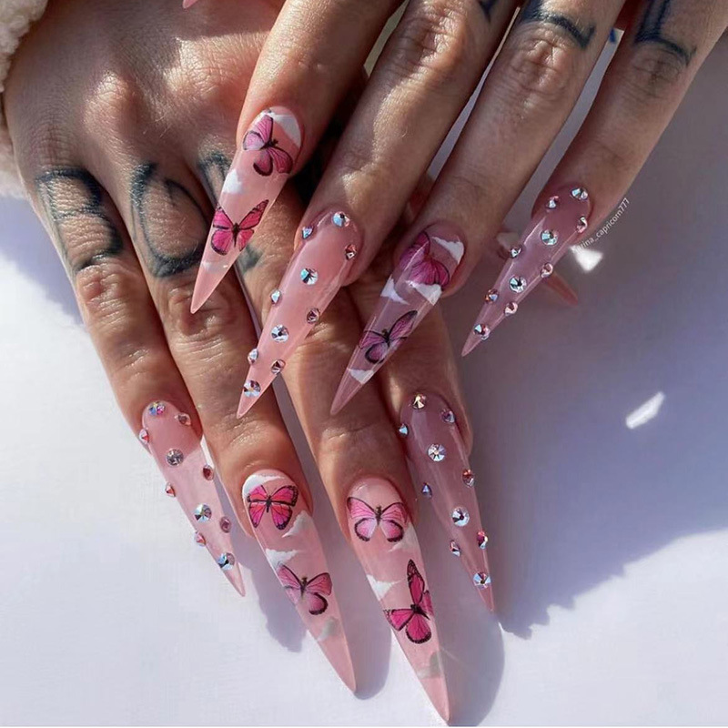 Long pointed nails, broken diamonds, butterfly dots, diamonds, clouds, spicy girls wearing nail stickers, cross-border wearing of nail art