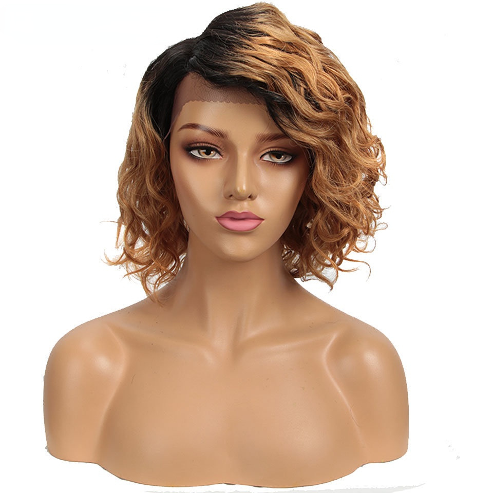 European and American wig black wig 12 inch fluffy exploding head bias forehead lace full hood human hair