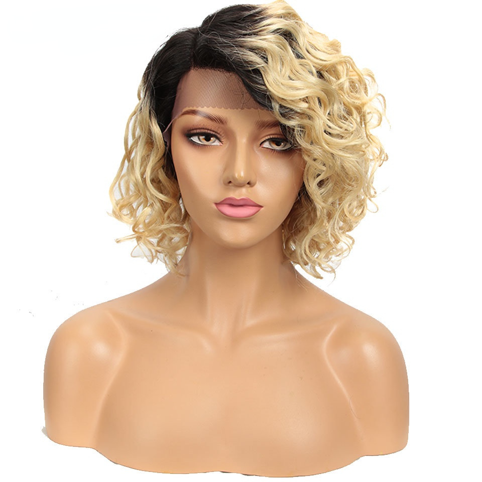 European and American wig black wig 12 inch fluffy exploding head bias forehead lace full hood human hair