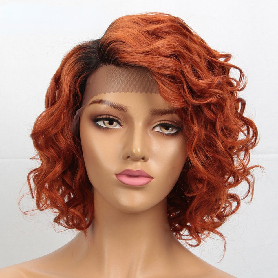 European and American wig black wig 12 inch fluffy exploding head bias forehead lace full hood human hair