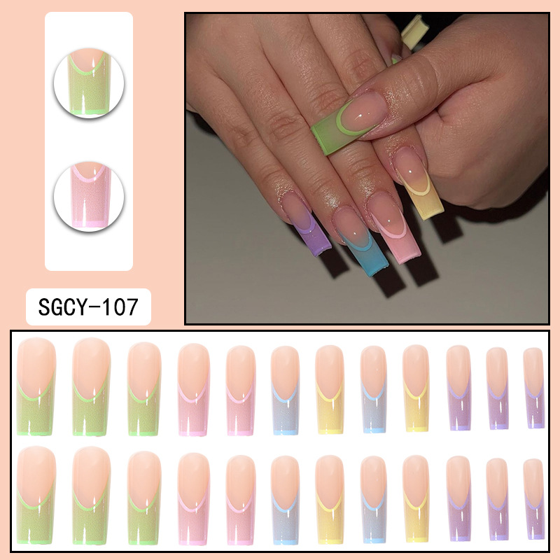European and American long water pipe French nail candy colored finished nail rainbow gradient nail patches
