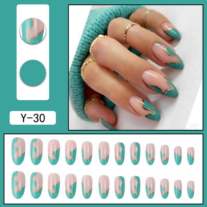 Long round toed false nails mint green gold thread wavy splicing, wearing armor