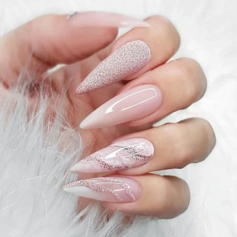 Long pointed nails with halo dye golden onion powder wearing armor with glitter powder for nail enhancement