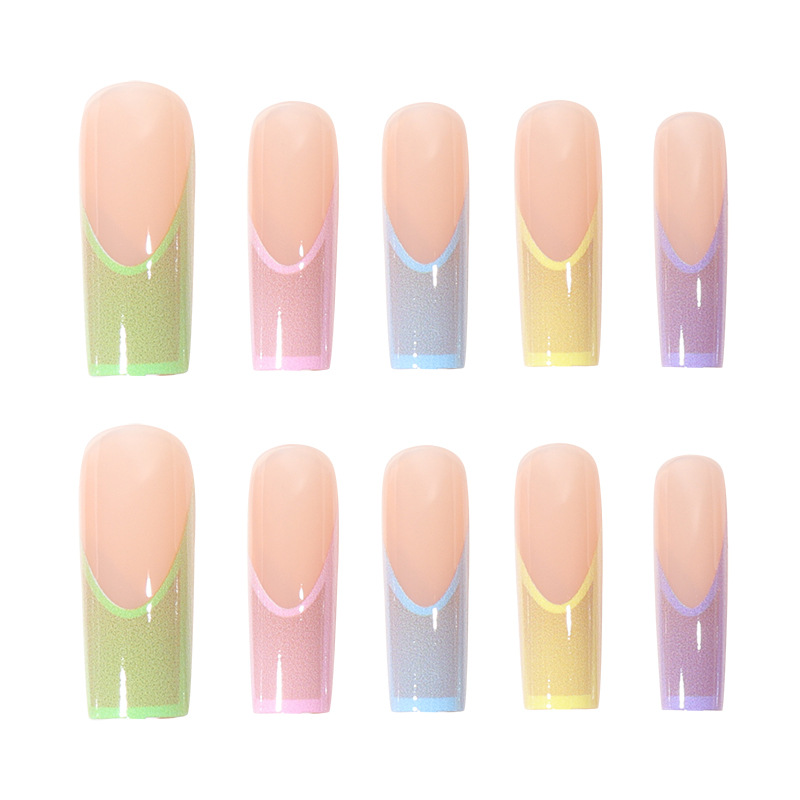 European and American long water pipe French nail candy colored finished nail rainbow gradient nail patches