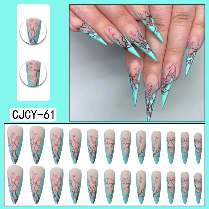 Chinese style plum blossom long pointed nails French style nail patches, fake nails European and American wearing nails