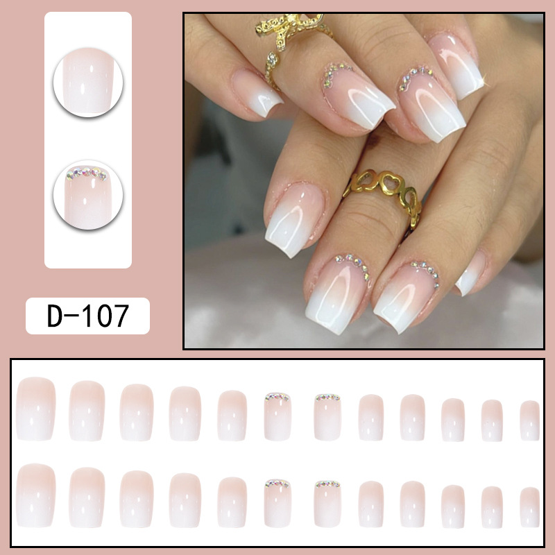 White minimalist gradient with diamond square head wearing nail patches fake nails  detachable nail art
